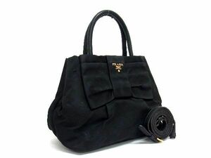 1円 PRADA プラダ テスートナイロン×レザー リボン 2WAY ハンドバッグ ショルダー 斜め掛け レディース ブラック系 AU7365