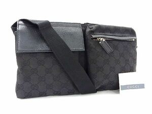 1円 ■美品■ GUCCI グッチ 28566 20047 GG柄 GGキャンバス×レザー ボディバッグ ウエストバッグ ウエストポーチ ブラック系 AU6281