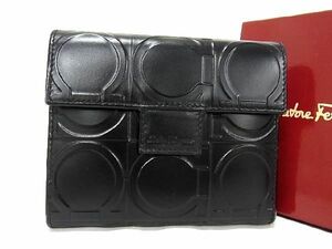 1円 ■美品■ Salvatore Ferragamo フェラガモ AQ-220770 ガンチーニ レザー 三つ折り 財布 ウォレット レディース ブラック系 BF5050