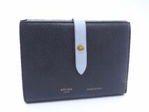 1円 CELINE セリーヌ ストラップラージ マルチファンクション レザー 二つ折り 財布 ウォレット ブラック系 AU6384_画像1