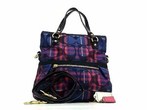 1円 ■極美品■ COACH コーチ シグネチャー 21139 キャンバス 2WAY チェック柄 トート ショルダーバッグ ネイビー系×レッド系 AU6107