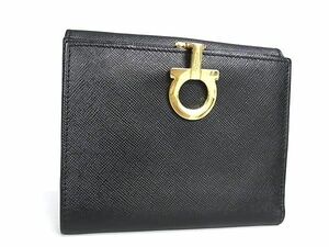 1円 ■美品■ Salvatore Ferragamo フェラガモ ガンチーニ レザー 二つ折り 財布 ウォレット レディース ブラック系 AT9157