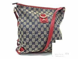 1円 ■美品■ GUCCI グッチ 131326 2684 アビー GG柄 GGキャンバス×レザークロスボディ ショルダーバッグ ネイビー系×レッド系 AT7590