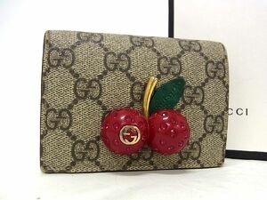 1円 GUCCI グッチ 476050 インターロッキングG GG柄 GGスプリーム ラインストーン チェリー 二つ折り 財布 ウォレット ブラウン系 AW1277