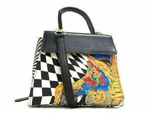 1円 GIANNI VERSACE ジャンニ ヴェルサーチ PVC×レザー チェック柄 フラワー 2WAY ハンドバッグ ショルダー マルチカラー AV4595