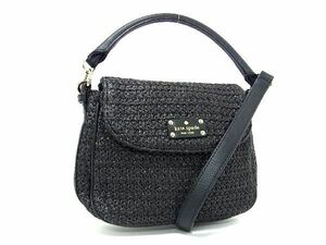 1円 ■極美品■ kate spade ケイトスペード PXRU5524 ストロー×レザー 2WAY ハンドバッグ トート ショルダー ブラック系 AT8374