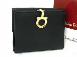 1円 ■新品同様■ Salvatore Ferragamo フェラガモ ガンチーニ レザー 二つ折り 財布 ウォレット 札入れ 小銭い入れ ブラック系 AW0790