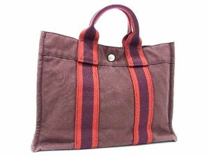 1円 HERMES エルメス フールトゥPM キャンバス シルバー金具 ハンドバッグ トートバッグ レディース メンズ レッド系 AW1433