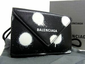 1円 ■美品■ BALENCIAGA バレンシアガ 391446 ペーパーミニ レザー ドット 水玉 三つ折り コンパクト 財布 ウォレット ブラック系 AX0166