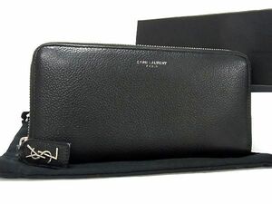 1円 ■美品■ SAINT LAURENT サンローラン レザー ラウンドファスナー 長財布 ウォレット メンズ レディース ブラック系 AX0583