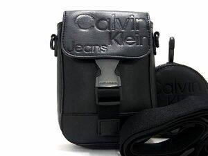 1円 ■極美品■ Calvin Klein Jeans カルバンクラインジーンズ レザー ショルダー ミニバッグ スマホポーチ 斜め掛け ブラック系 AU6079