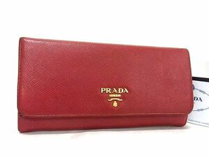 1円 PRADA プラダ 1MH132 サフィアーノレザー 二つ折り 長財布 ウォレット 小銭入れ 札入れ カード入れ レディース レッド系 AT8503