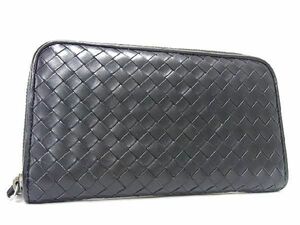 1円 ■美品■ BOTTEGA VENETA ボッテガヴェネタ イントレチャート レザー ラウンドファスナー 長財布 ウォレット ブラック系 AT9381