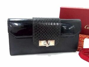 1円 ■美品■ Cartier カルティエ クラシックフェミニンライン レザー×パイソン 二つ折り 長財布 ウォレット ブラック系 AT9505