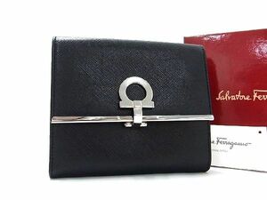 1円 ■美品■ Salvatore Ferragamo フェラガモ ガンチーニ レザー 三つ折り 財布 ウォレット 小銭入れ 札入れ ブラック系 AT9410