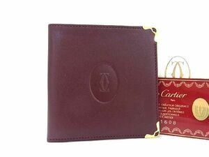 1円 ■新品同様■ Cartier カルティエ マストライン レザー 二つ折り 財布 ウォレット 札入れ メンズ レディース ボルドー系 AT8549