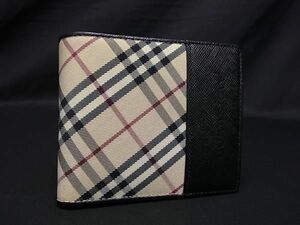 1円 ■美品■ BURBERRY バーバリー ナイロンキャンバス×レザー チェック柄 二つ折り 財布 ウォレット ベージュ系×ブラック系 BH0185