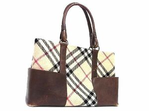 1円 BURBERRY バーバリー ウール×レザー チェック柄 トートバッグ ショルダー 肩掛け レディース ベージュ系×ブラウン系 CD0259H1