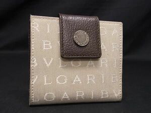 1円 ■美品■ BVLGARI ブルガリ ロゴマニア キャンバス×レザー 二つ折り財布 ウォレット レディース ベージュ系×ブラウン系 CB1720