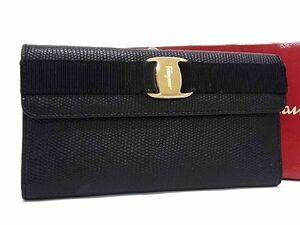 1円 ■美品■ Salvatore Ferragamo フェラガモ ヴァラ リザード型押しレザー 三つ折り 長財布 ウォレット ブラック系 AT9152