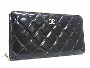 1円 CHANEL シャネル ココマーク マトラッセ パテントレザー ラウンドファスナー 長財布 ウォレット 小銭入れ 札入れ ブラック系 AV4669