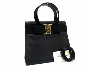 1円 ■美品■ Salvatore Ferragamo フェラガモ A214178 リザード型押しレザー 2WAY ハンドバッグ ショルダー ブラック系 AS6241