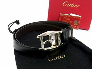 1円 ■美品■ Cartier カルティエ トーチェ レザー シルバー金具 ベルト ビジネス 紳士 メンズ ブラック系 AT7011