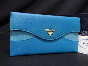 1円 ■美品■ PRADA プラダ 1M1175 サフィアーノレザー 二つ折り 長財布 ウォレット 小銭入れ 札入れ レディース ブルー系 AU6333