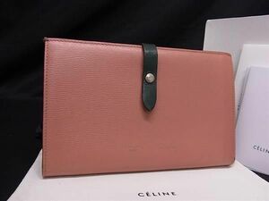 1円 ■美品■ CELINE セリーヌ ラージストラップ マルチファンクション レザー 二つ折り 長財布 ウォレット ピンク系×グリーン系 AS6984