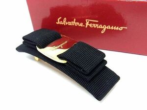 1円 ■美品■ Salvatore Ferragamo フェラガモ ヴァラリボン キャンバス バレッタ ヘアアクセサリー ブラック系×ゴールド系 AU5826