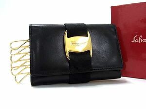 1円 ■極美品■ Salvatore Ferragamo フェラガモ 22 3056 ヴァラ レザー 6連 キーケース 鍵入れ レディース ブラック系 AU6351