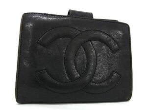 1円 CHANEL シャネル ココマーク ラムスキン がま口 二つ折り 財布 ウォレット 小銭入れ 札入れ カード入れ レディース ブラック系 AX0708