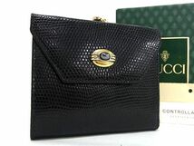 1円 ■極美品■ GUCCI グッチ オールドグッチ ヴィンテージ レザー がま口 二つ折り 財布 ウォレット 小銭入れ ブラック系 AT9070_画像1