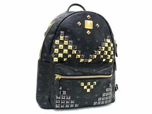 1円 ■美品■ MCM エムシーエムモノグラム ヴィセトス柄 レザー スタッズ リュックサック デイパック レディース ブラック系 BF5254