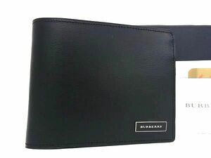 1円 ■新品同様■ BURBERRY バーバリー レザー内部ノバチェック 二つ折り 財布 ウォレット 小銭れ 札入れ ブラック系 AT9063