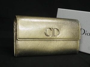 1円 ■美品■ ChristianDior クリスチャンディオール レザー 二つ折り 長財布 ウォレット レディース ゴールド系 BH1446