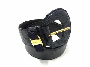 1円 ■美品■ Salvatore Ferragamo フェラガモ 4598 ヴァラリボン リザード型押しレザー ベルト 表記サイズ70 ネイビー系 BH1594