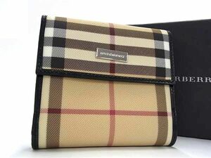 1円 ■美品■ BURBERRY バーバリー ノバチェック PVC×レザー ホック 二つ折り 財布 ウォレット ベージュ系×ブラック系 AX0700