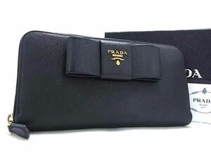 1円 ■美品■ PRADA プラダ サフィアーノレザー リボン ラウンドファスナー 長財布 ウォレット レディース ブラック系 AV5078