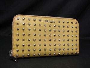 1円 PRADA プラダ パテントレザー スタッズ ラウンドファスナー 長財布 ウォレット 小銭入れ レディース メンズ クリーム系 BE9808