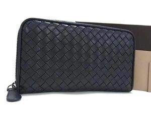 1円 ■美品■ BOTTEGA VENETA ボッテガヴェネタ イントレチャート レザー ラウンドファスナー 長財布 ウォレット ブラック系 AV5045