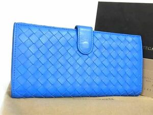 1円 ■美品■ BOTTEGA VENETA ボッテガヴェネタ イントレチャート レザー 二つ折り 長財布 ウォレット レディース メンズ ブルー系 AU8730