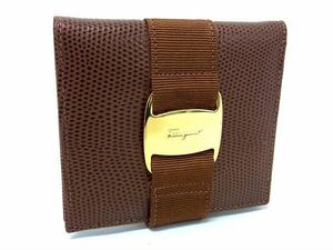 1円 ■極美品■ Salvatore Ferragamo フェラガモ 223053 ヴァラ リザード型押しレザー 二つ折り 財布 ウォレット ブラウン系 AU9550