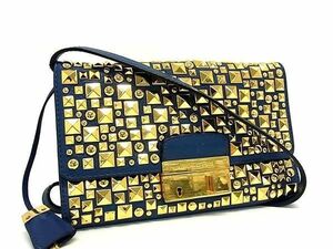 1円 ■美品■ MICHAEL KORS マイケルコース レザー スタッズ ショルダーバッグ ポシェット 斜め掛けかばん レディース ブルー系 AU9257