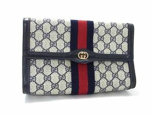 1円 ■美品■ GUCCI グッチ 41 014 3087 オールドグッチ ヴィンテージ GG柄 PVC×レザー クラッチ セカンドバック ネイビー系 BE9692