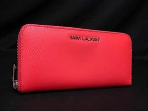 1円 ■美品■ SAINT LAURENT サンローラン レザー ラウンドファスナー 長財布 ウォレット 小銭入れ 札入れ レディース レッド系 AS7210