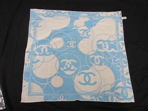 1円 ■美品■ CHANEL シャネル ロゴ ココマーク コットン×シルク スカーフ ハンカチーフ レディース ホワイト系×ライトブルー系 AT6421