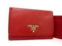 1円 ■美品■ PRADA プラダ サフィアーノレザー カードケース パスケース カード入れ 名刺入れ 定期入れ レディース レッド系 AT8679_画像1