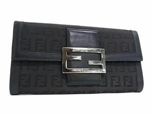 1円 FENDI フェンディ ズッカ柄 ナイロンキャンバス×レザー 二つ折り 長財布 ウォレット レディース メンズ ブラック系 AT8665