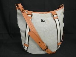 1円 ■美品■ BURBERRY バーバリーブルーレーベル キャンバス×レザー クロスボディ ショルダーバッグ グレー系×ブラウン系 CE0048